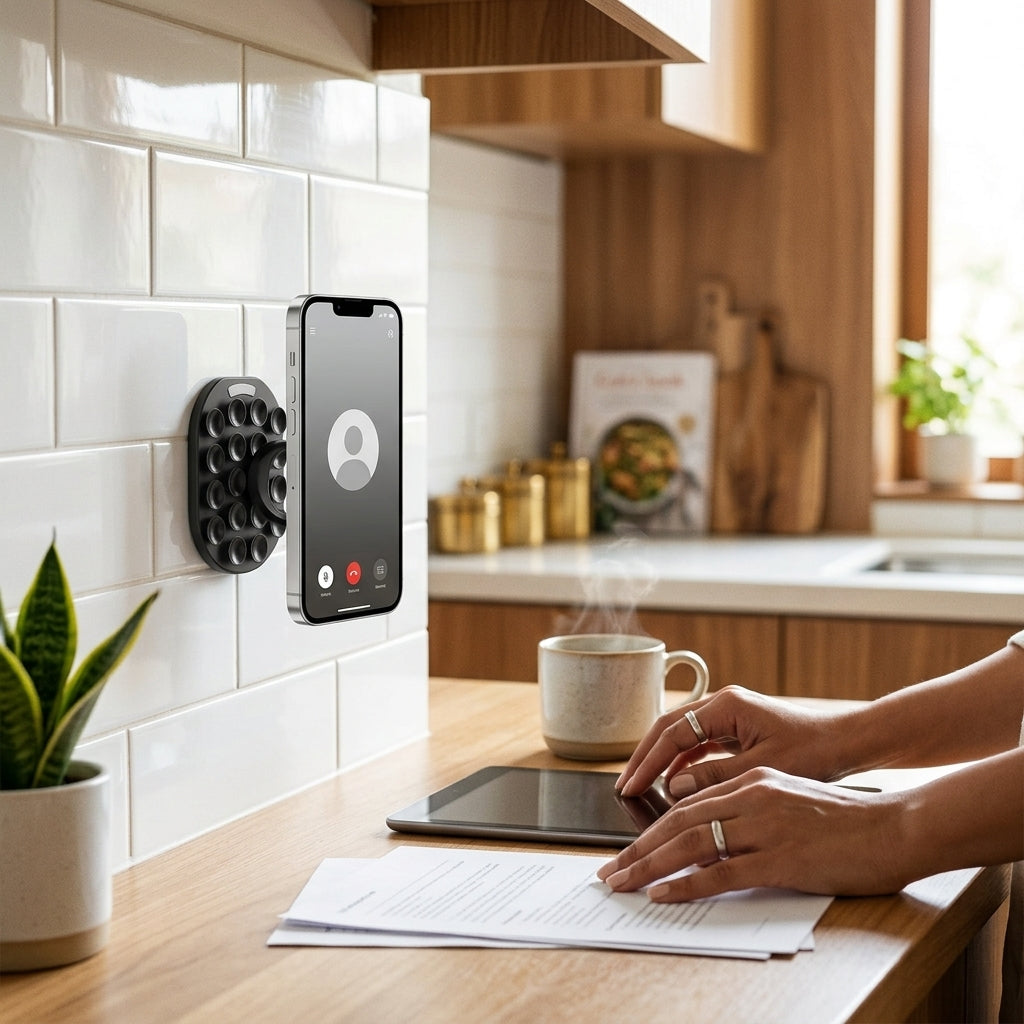 Grippi Mount holding an iPhone on a kitchen tile wall during a video call