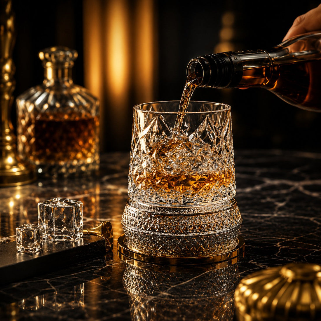 WhiskyOrbit glass on 360 rotating base with decanter