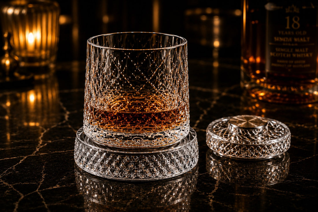 WhiskyOrbit crystal glass and rotating base with lid