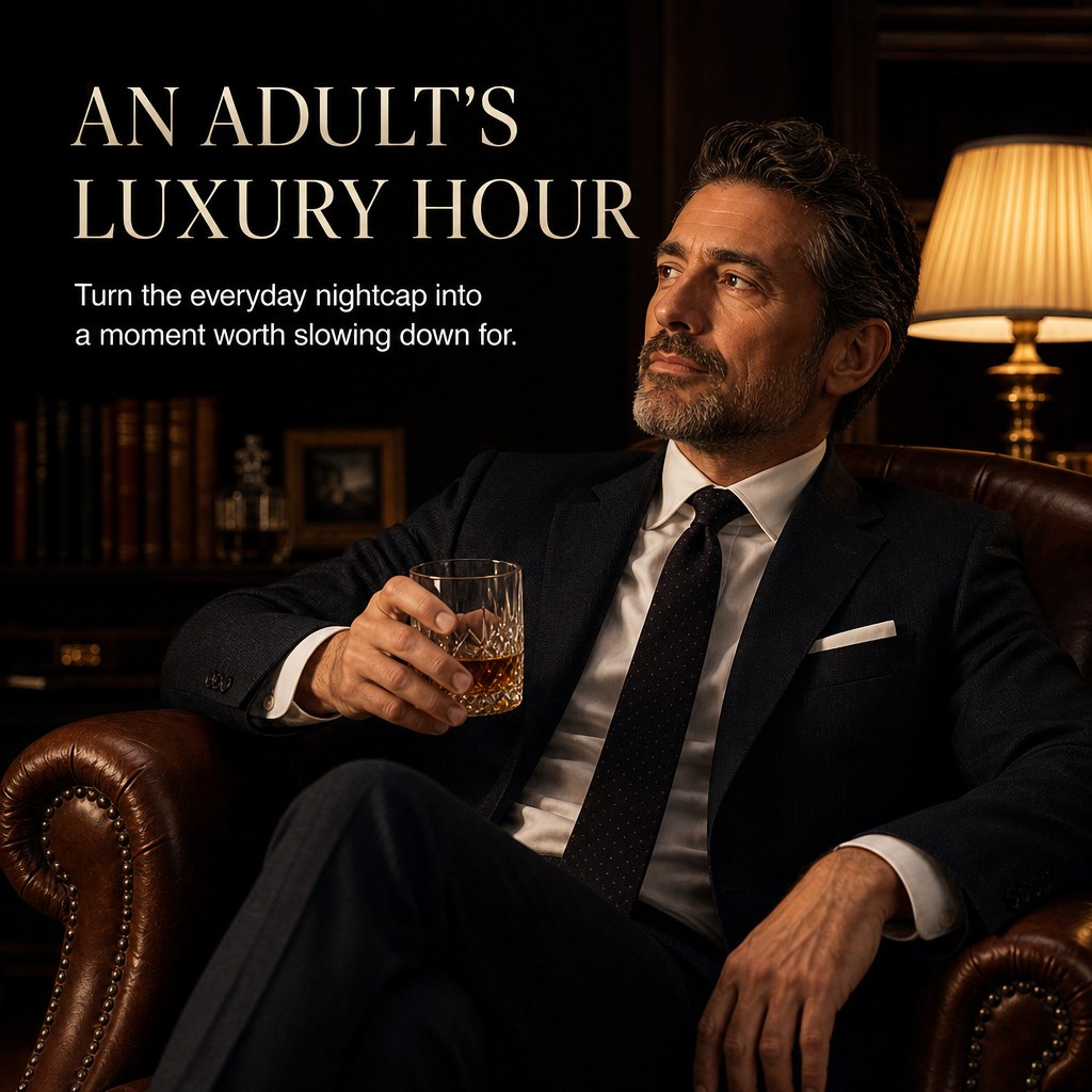 A man enjoying a quiet whisky hour in a leather chair